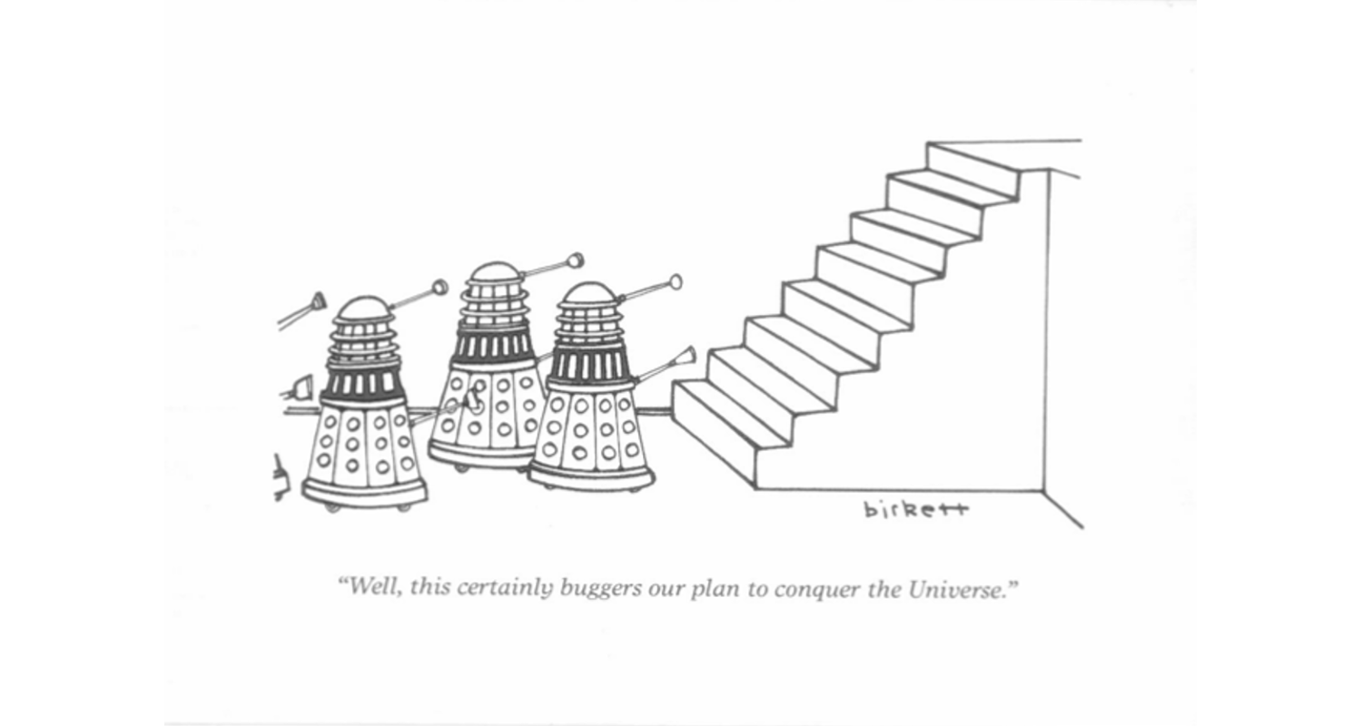 The old Daleks confronted with a staircase problem